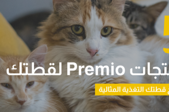 صورة مميزة توضح خمسة منتجات من Premio لتغذية مثالية للقطط، تعرض قططًا جميلة تبدو سعيدة وصحية.